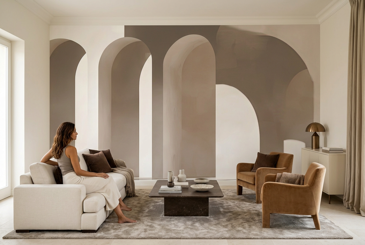 Papier peint panoramique L'Arche et l'ombre dans un salon, mise en scène