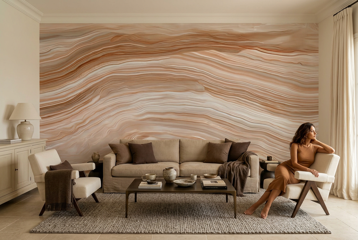 Papier peint panoramique L'Onyx rosé dans un salon, mise en scène