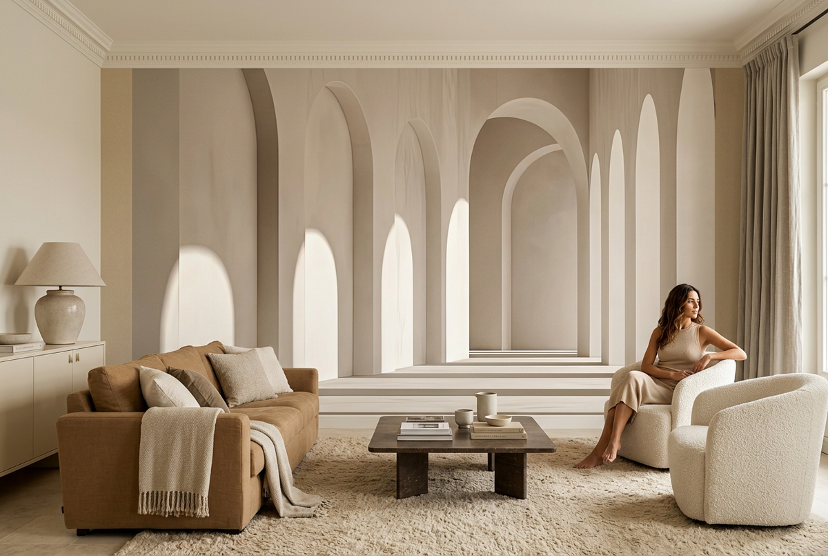 Papier peint panoramique La Colonnade dans un salon, mise en scène