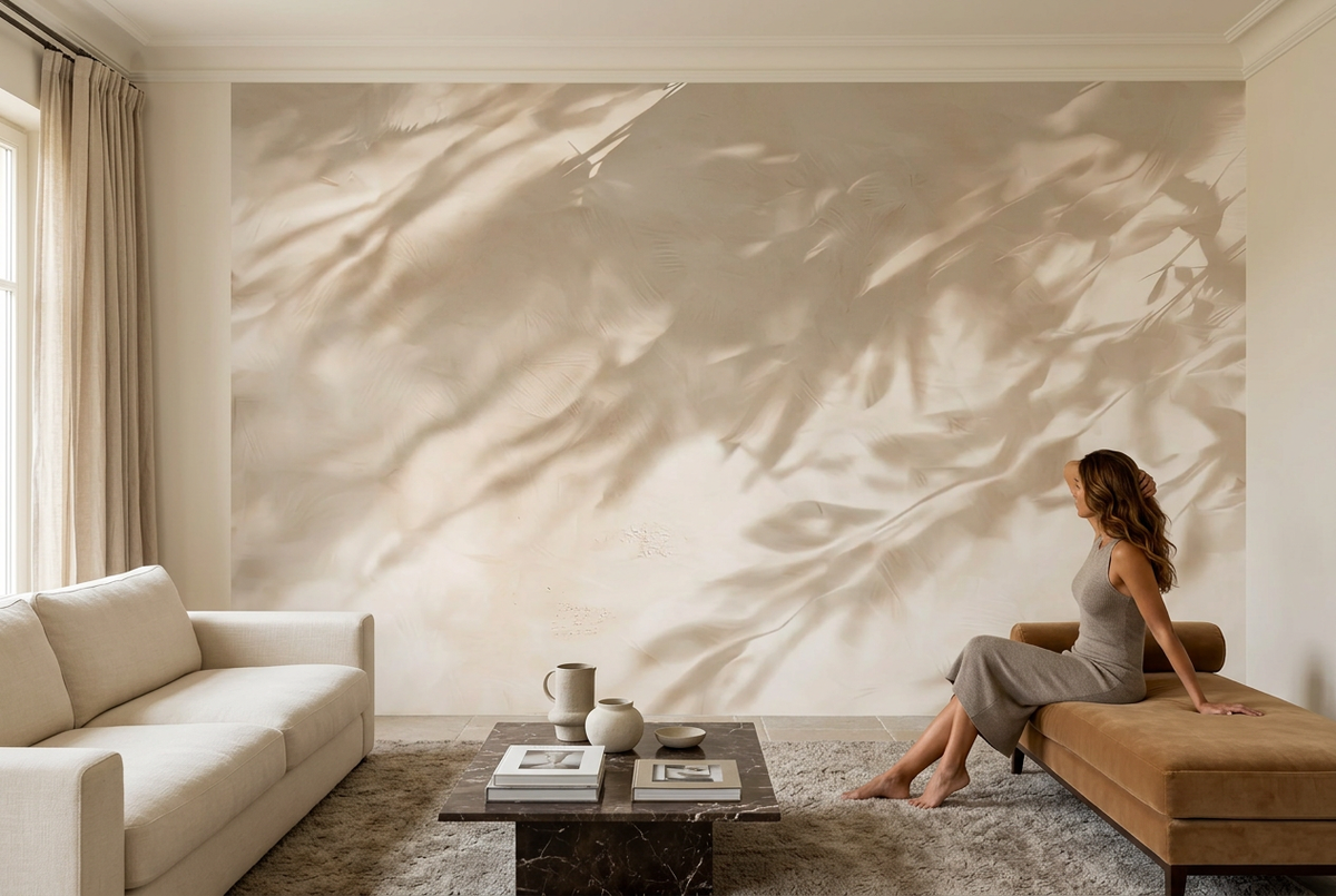 Papier peint panoramique Le Feuillage voilé dans un salon, mise en scène