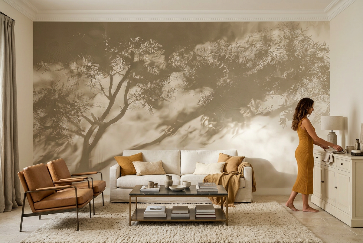 Papier peint panoramique Le Grand Olivier dans un salon, mise en scène