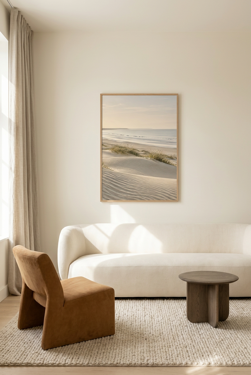 La Dune Blanche — affiche en cadre chêne dans un salon
