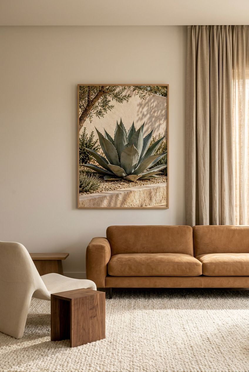 L'Agave Bleu — affiche en cadre chêne dans un salon