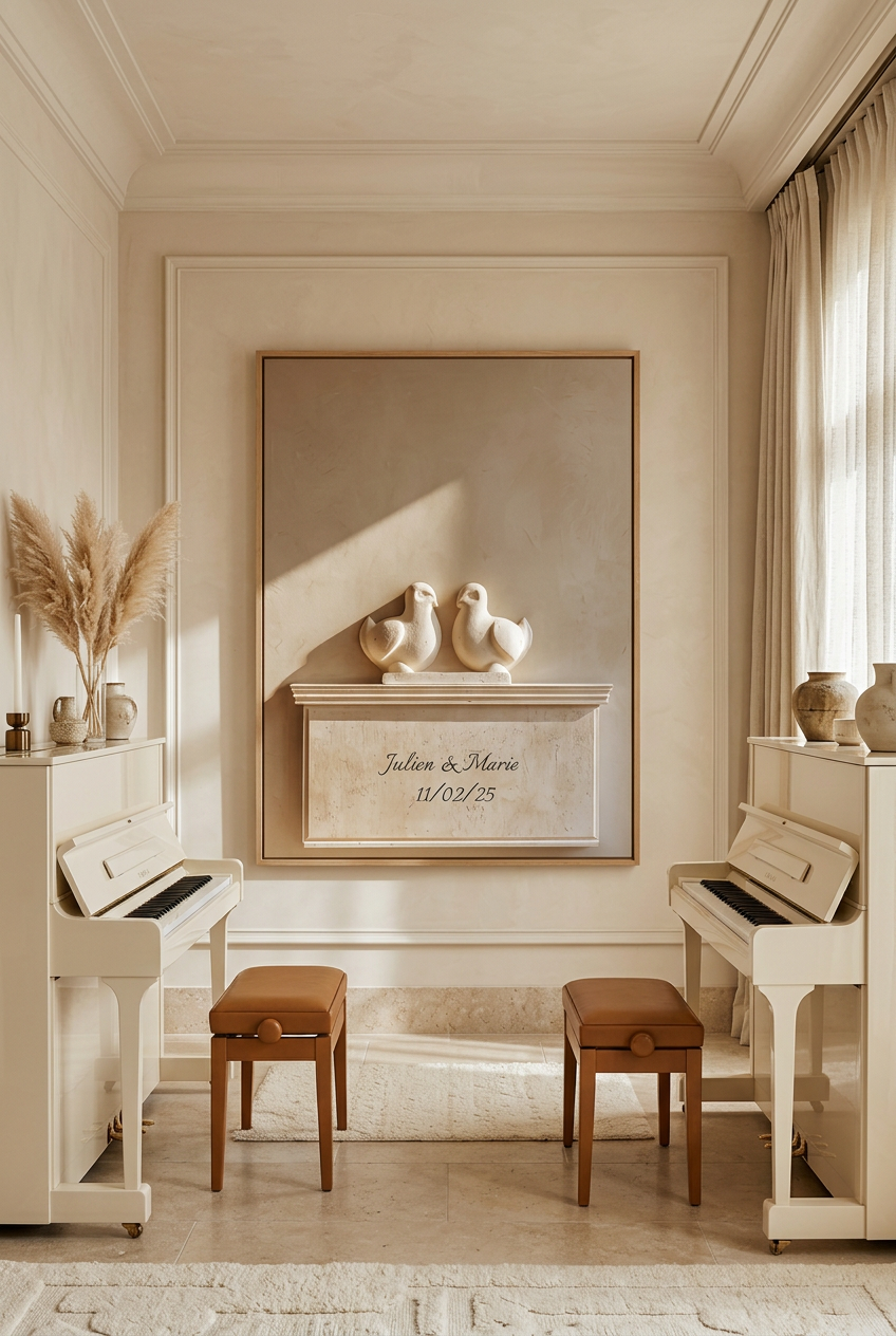 As Pombas — póster personalizável: duas pombas esculpidas numa estela de pedra com nomes e data, numa sala de música com piano
