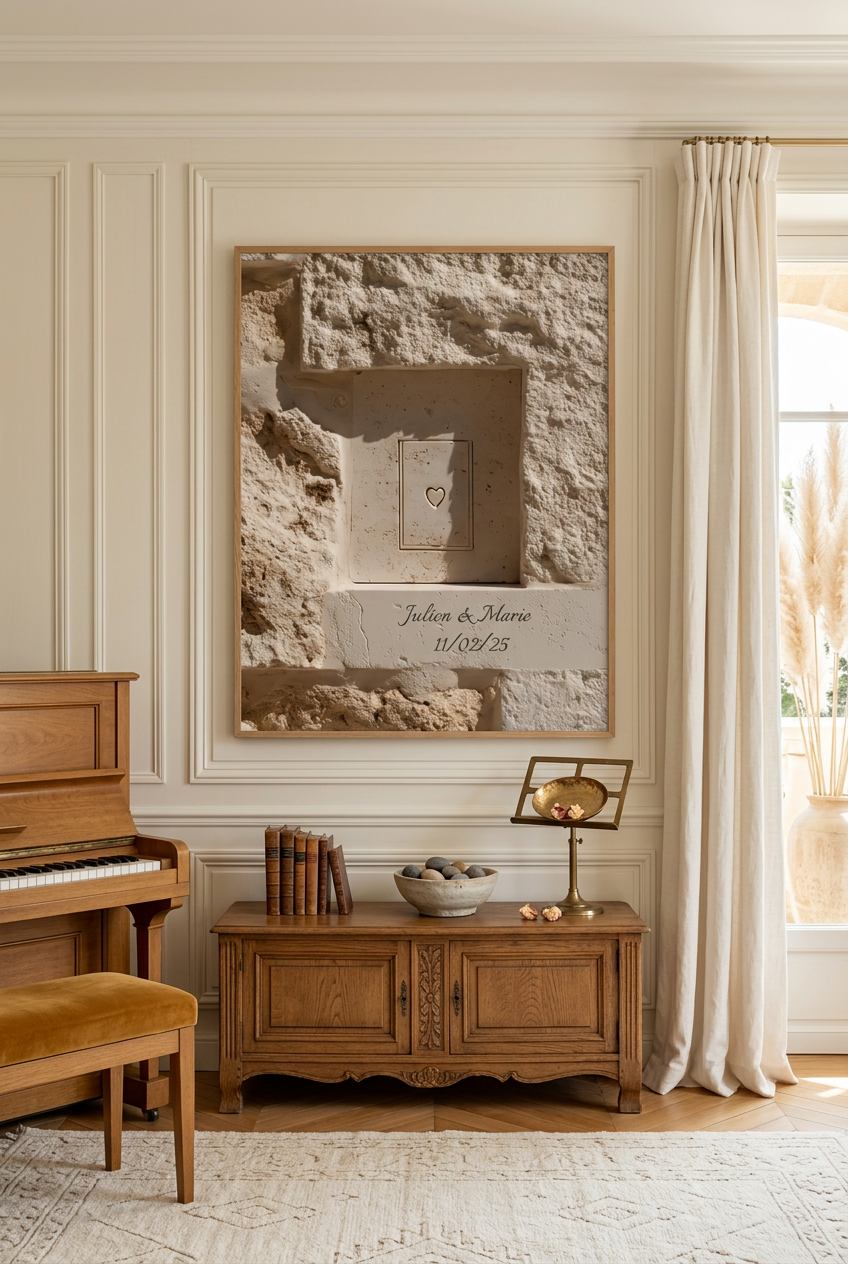 Gravé dans la Pierre — affiche personnalisable : pierre méditerranéenne gravée de deux prénoms et d'une date, dans un salon de musique avec piano