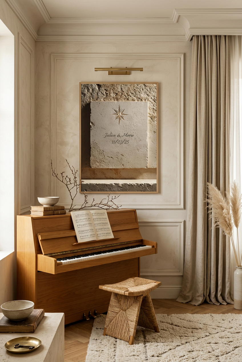 The Engraved Star — personalised wall poster: star engraved in stone with names and a date, in a music room with a piano