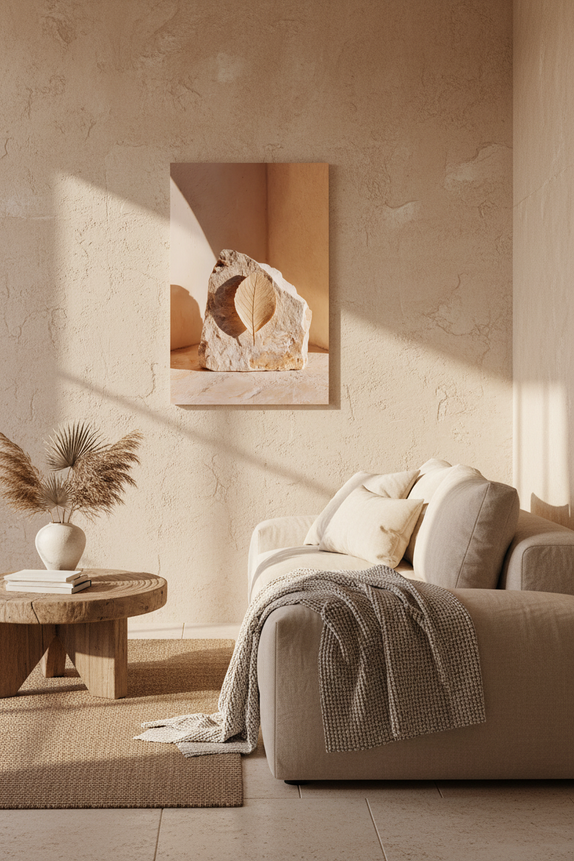 The Stone and the Leaf poster above a sofa — pierced limestone block and ivory dried leaf