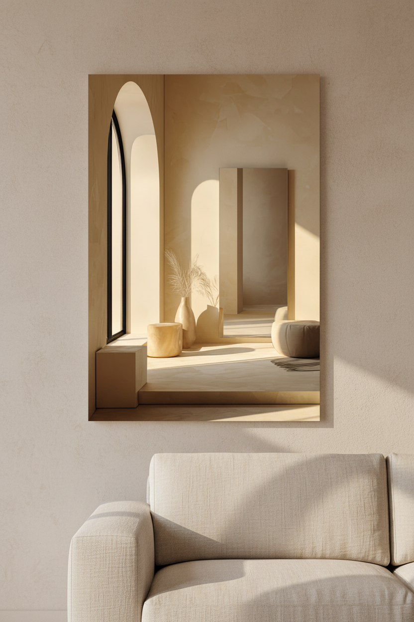 Affiche La Chambre de l'Arche au-dessus d'un canapé — arche en ogive, fenêtre noire et lumière rasante dorée