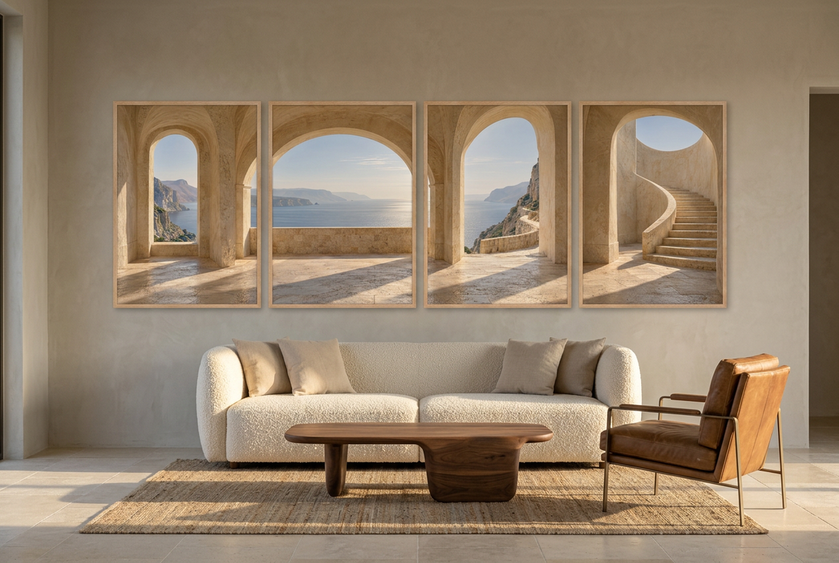La Galleria sul Mare — quadrittico da parete: archi di pietra aperti sul mare e sulla scogliera, in un soggiorno