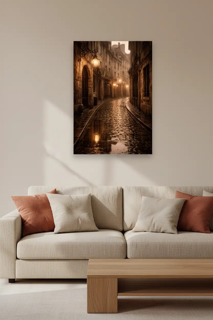 La Ruelle Sous La Pluie — Affiche Murale Minimaliste Or Pierre Lumière — affiche murale minimaliste | Cassili-home