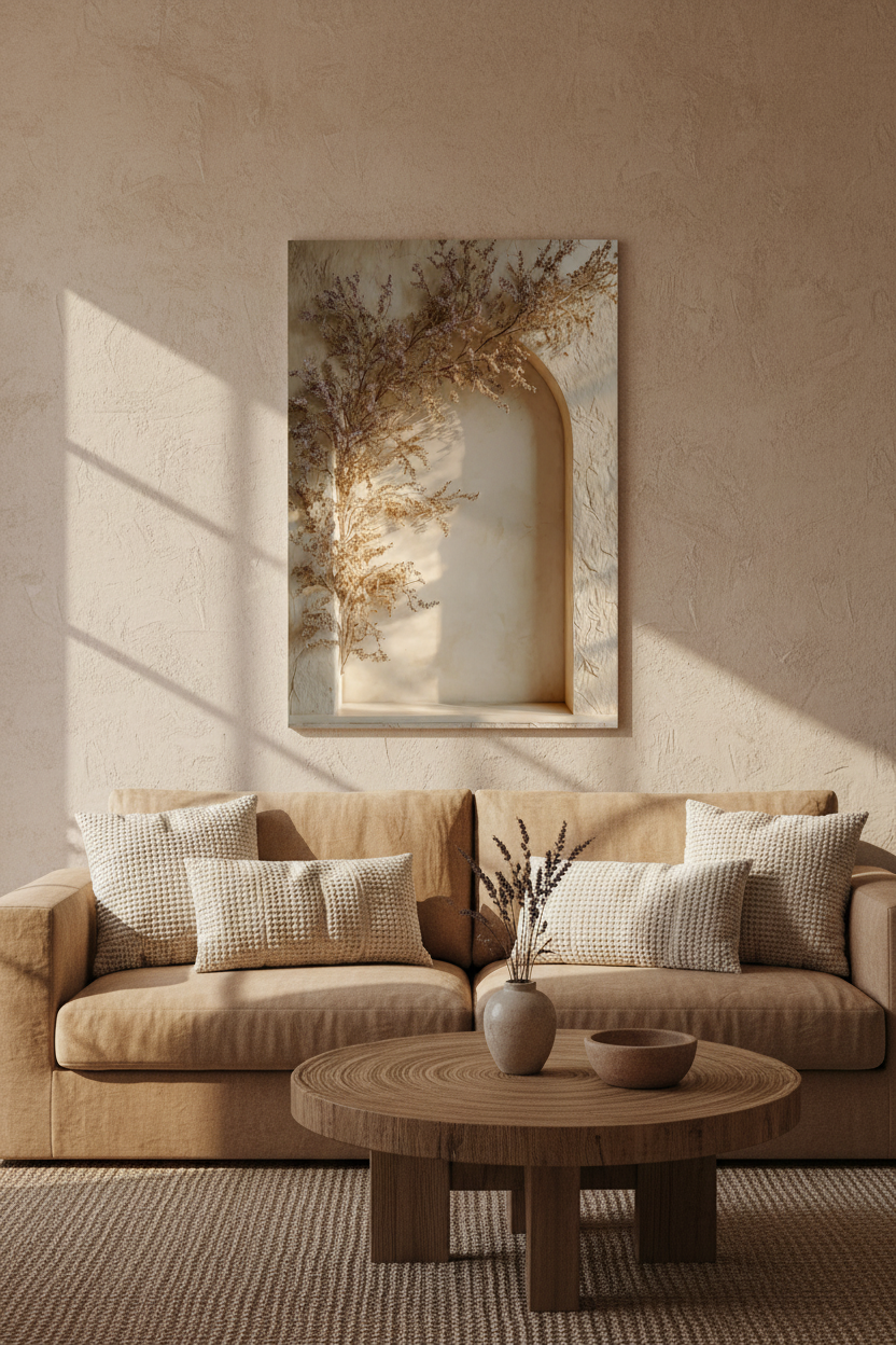 The Flowered Arch poster above a sofa — dried lavender branches before an ivory plaster arched niche
