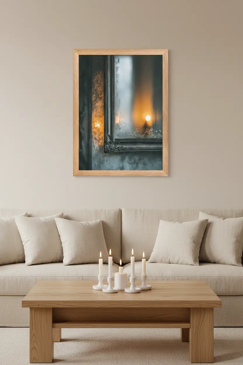 La Bougie du Miroir — Affiche murale minimaliste Bleu-Gris lumière chaude et reflet — affiche murale minimaliste | Cassili-home