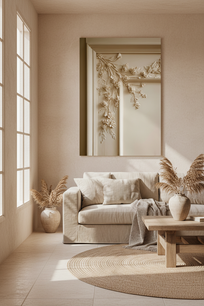 The Woodwork poster above a sofa — ivory stucco bas-relief, carved flowers and foliage