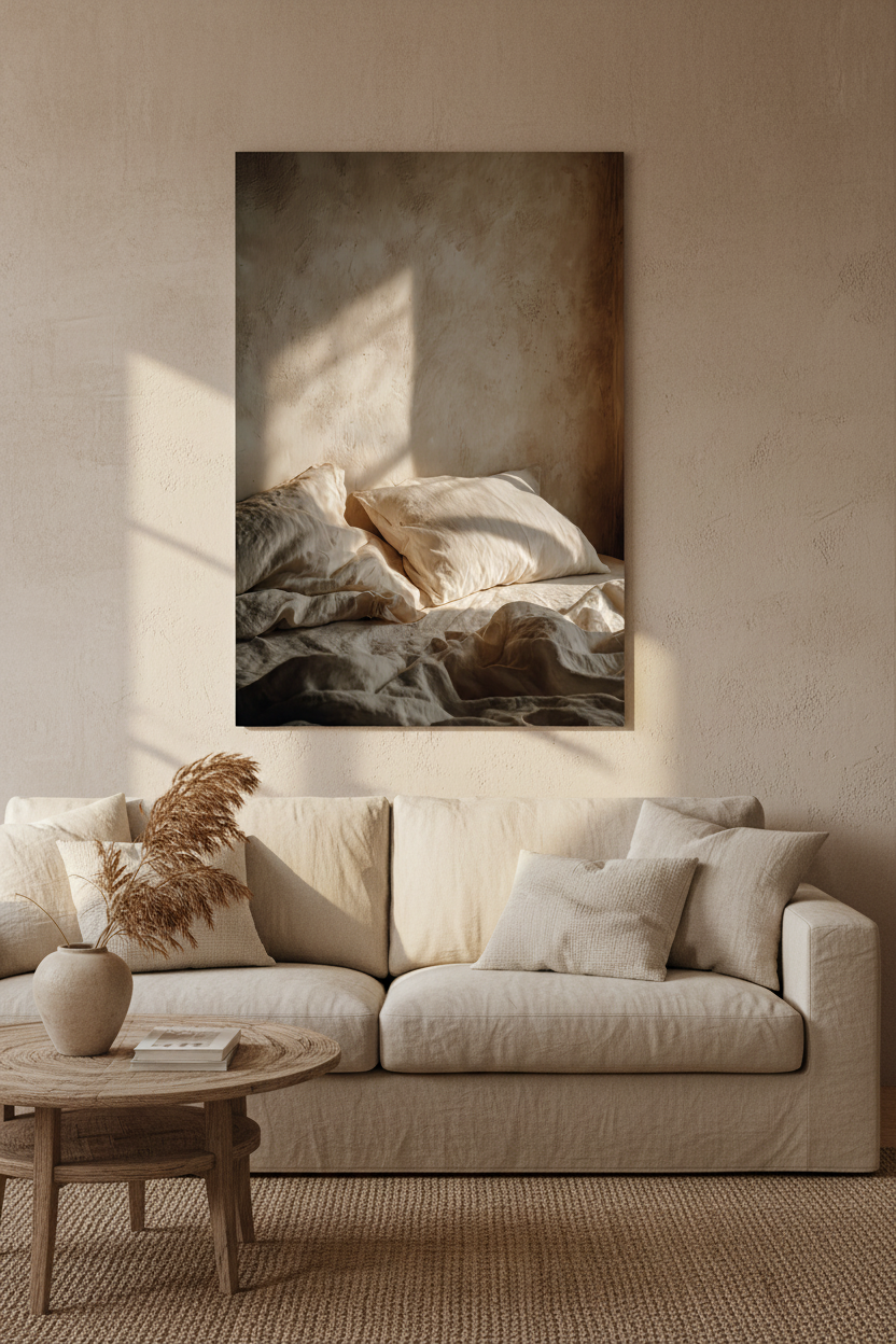 The Awakening Hour poster above a sofa — unmade ivory linen bed and golden window shadow