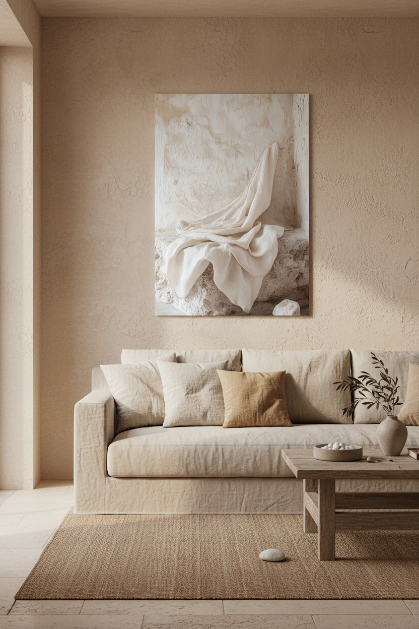 The Abandonment of Linen poster above a sofa — ivory linen drapery on a raw stone bench