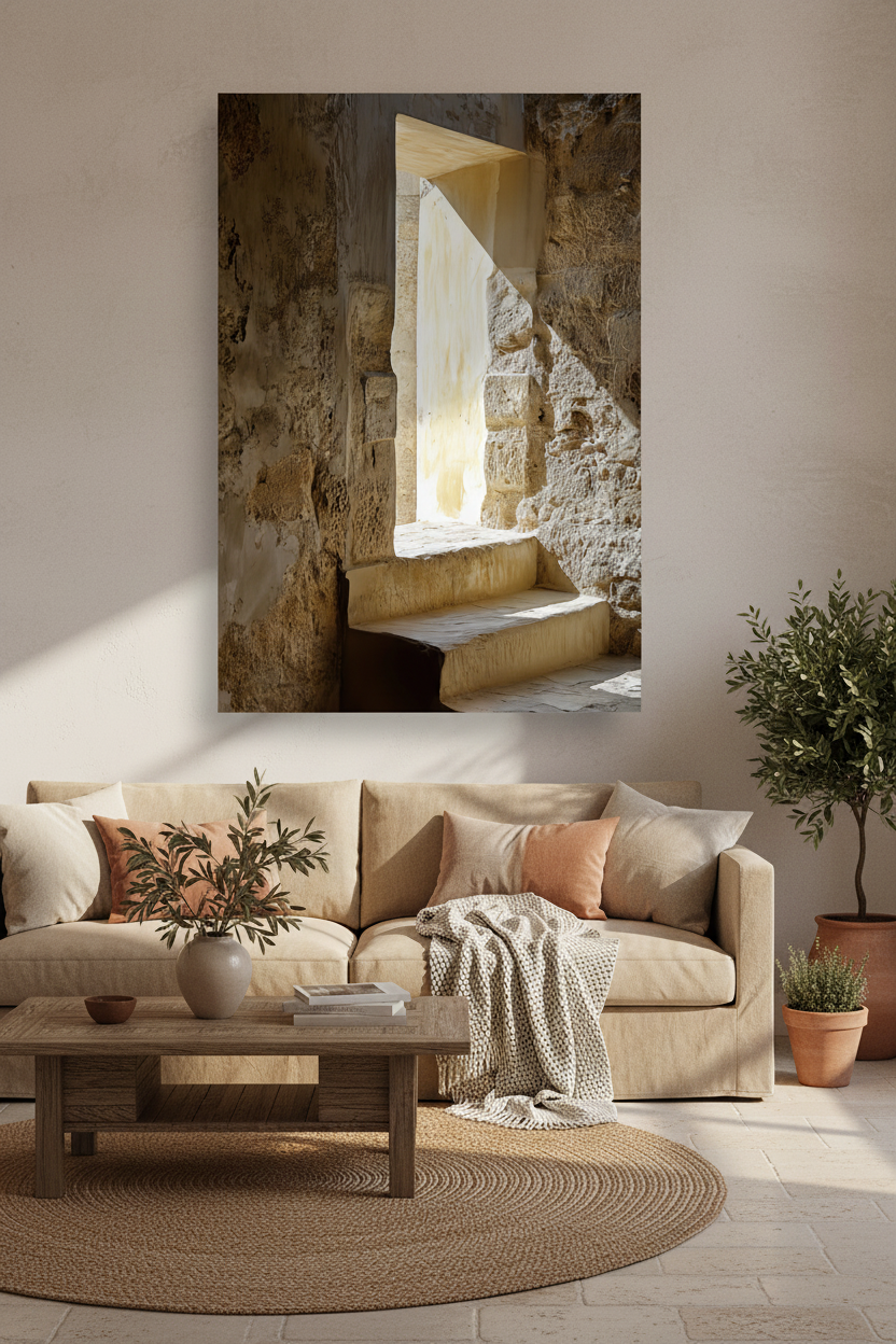 The Arrow Slit poster above a sofa — medieval limestone embrasure and angled light