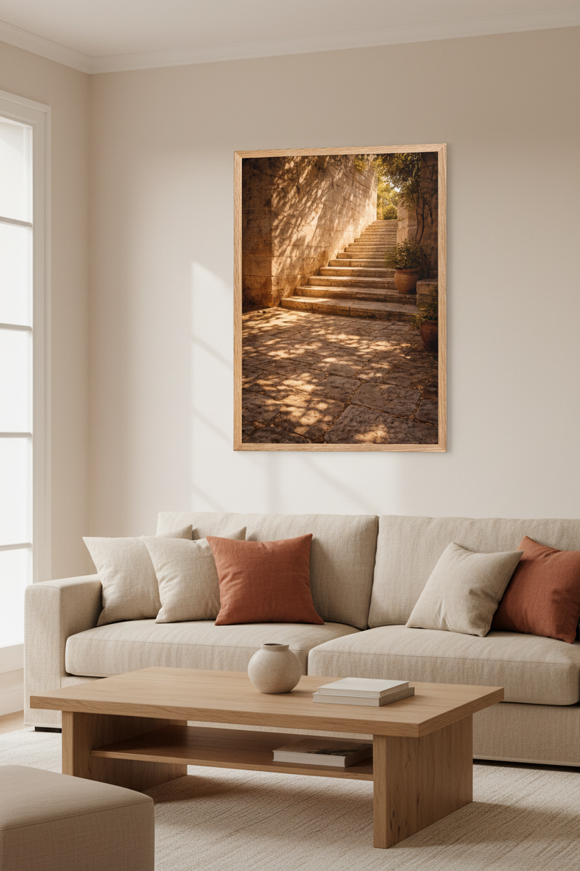 L’Escalier du Jardin — Affiche murale minimaliste doré et pierre méditerranéenne — affiche murale minimaliste | Cassili-home