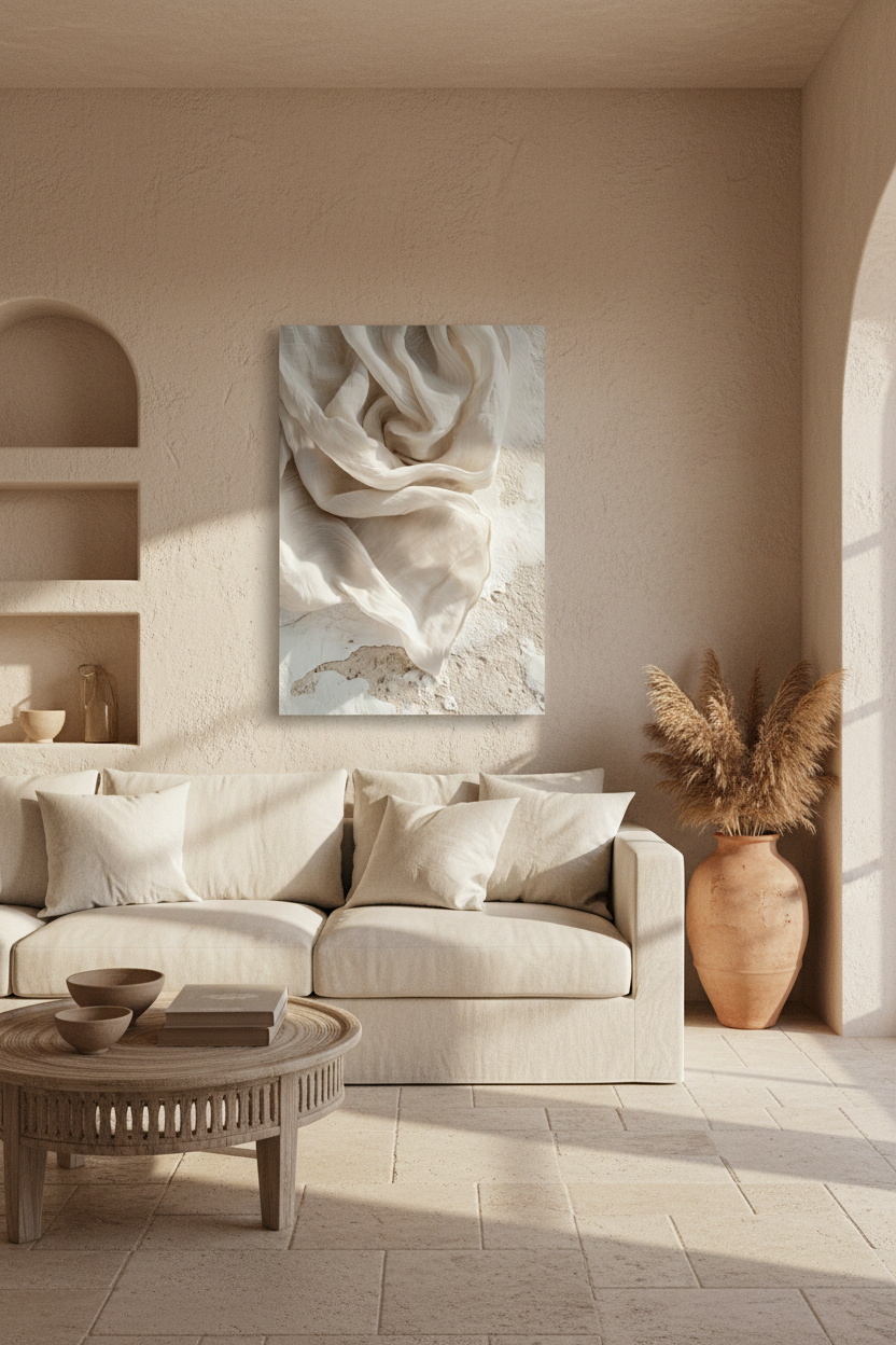 The Ivory Whirlwind poster above a sofa — ivory linen fabric swirling on sand plaster