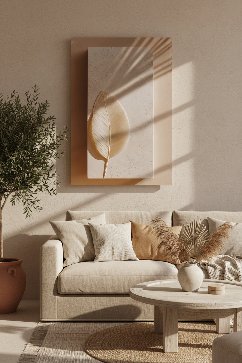 The Leaf and the Shadow poster above a sofa — ivory dried leaf and palm shadows on a caramel ground