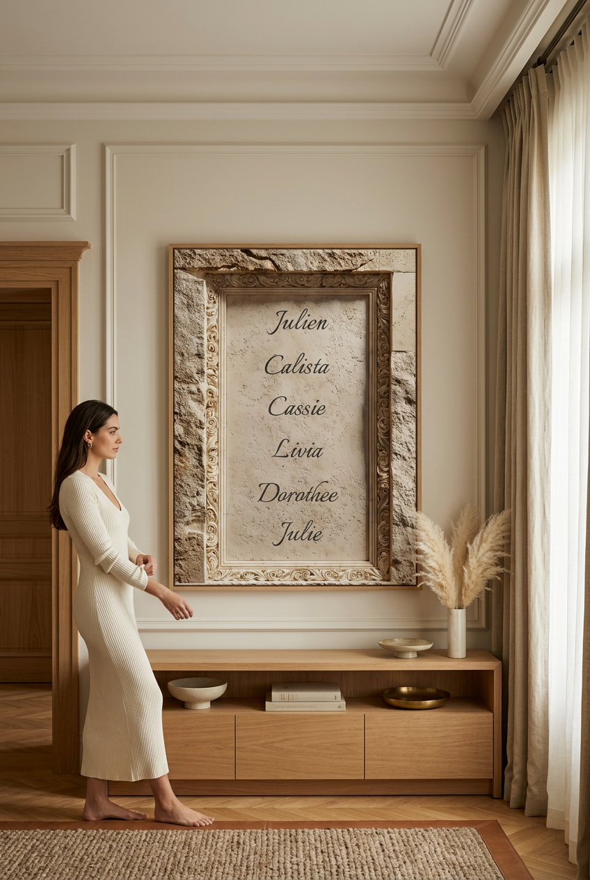 Les Prénoms Gravés — affiche personnalisable : prénoms de la famille gravés dans un cadre de pierre, avec une femme qui la regarde