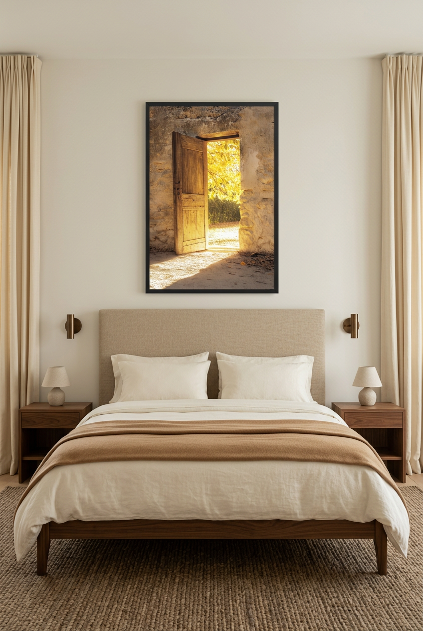 Limiar de Luz — poster com moldura preta num quarto