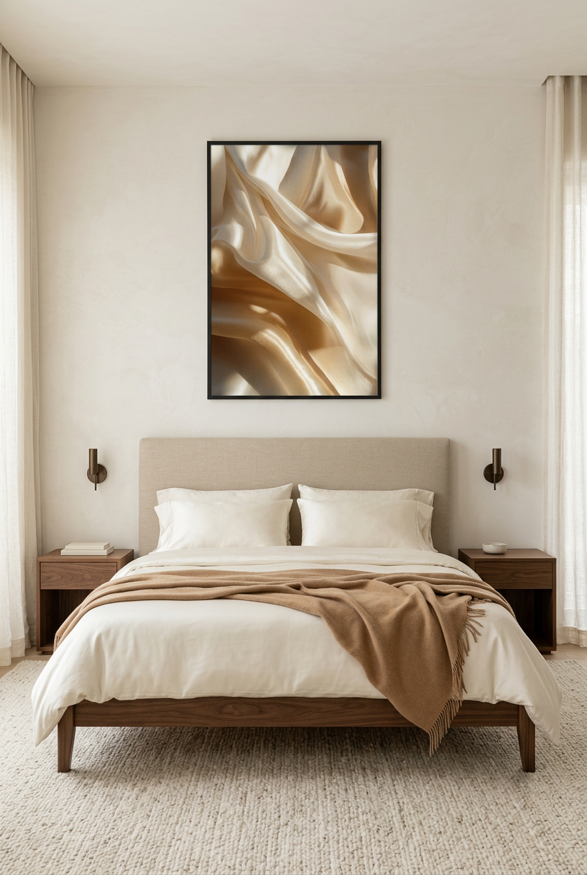 Gouden Zijde — poster in zwarte lijst in een slaapkamer
