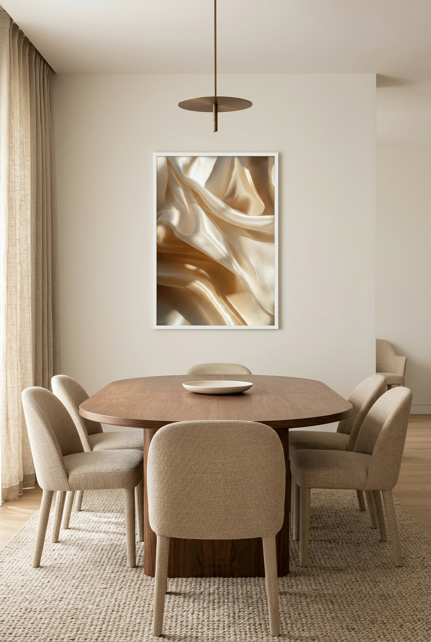 Gouden Zijde — poster in witte lijst boven een eettafel