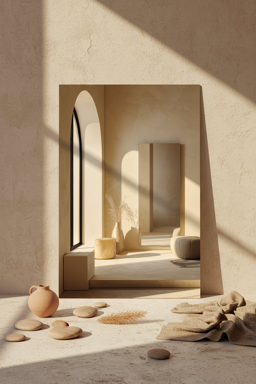 Affiche La Chambre de l'Arche posée au sol contre un mur crème — arche en ogive et vases en terre cuite