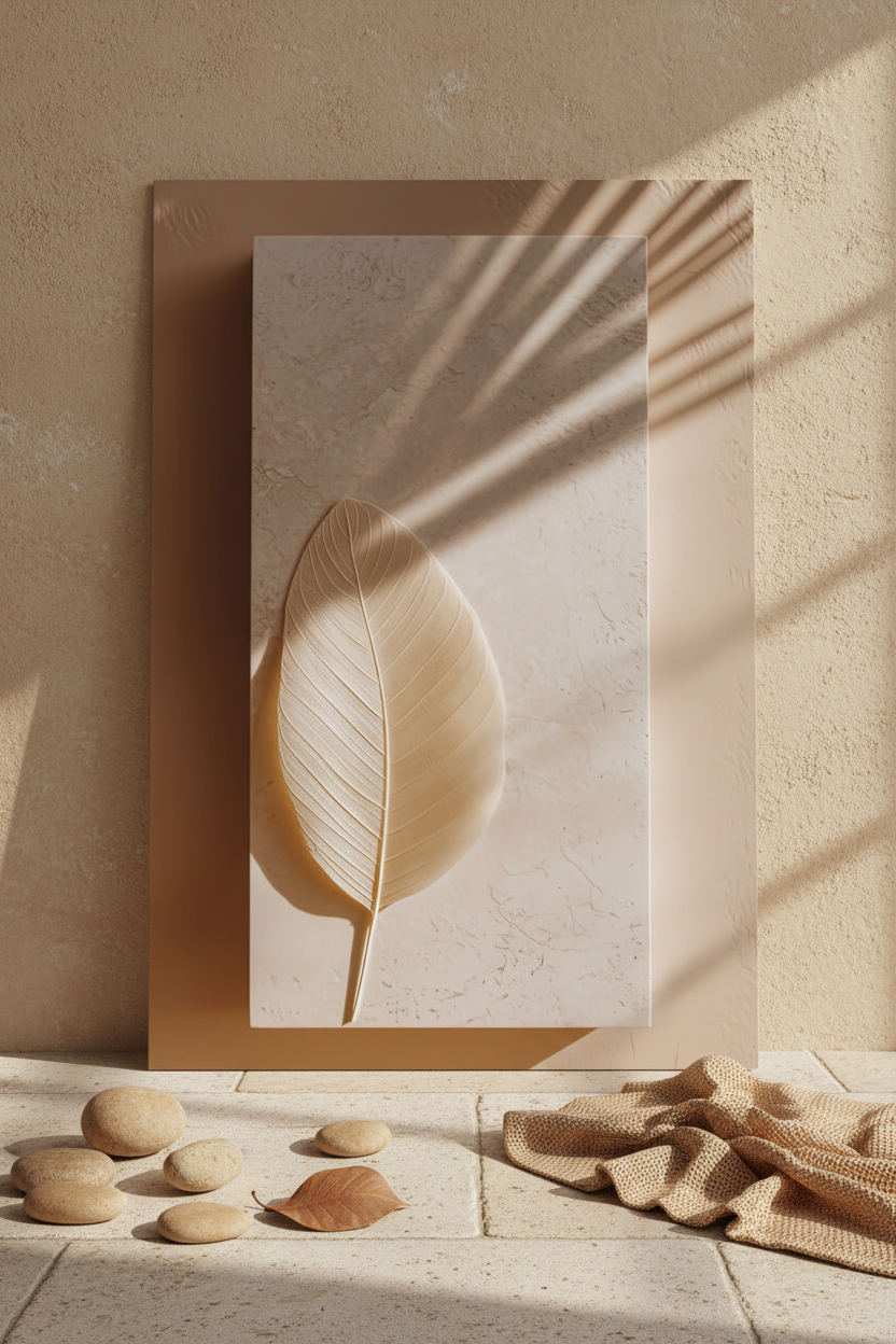 The Leaf and the Shadow poster resting on the floor against a cream wall — ivory dried leaf on textured plaster
