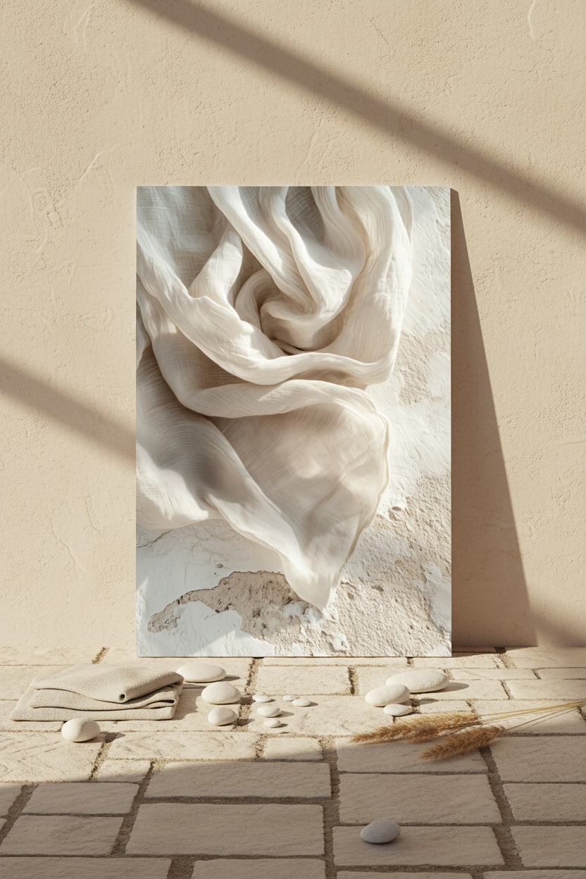 The Ivory Whirlwind poster resting on the floor against a cream wall — spiralling ivory linen fabric