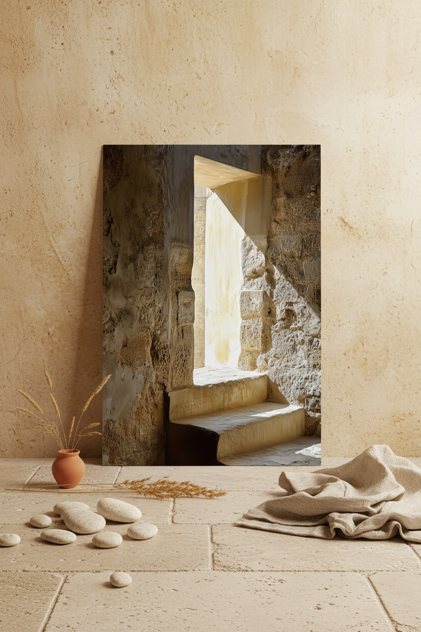 The Arrow Slit poster resting on the floor against a cream wall — medieval raw limestone embrasure