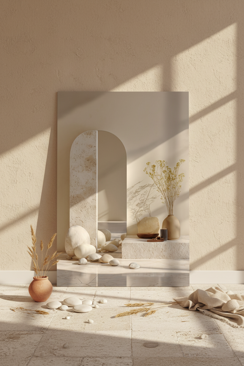 Affiche La Composition du Seuil posée au sol contre un mur crème — miroir en arche de terrazzo et galets