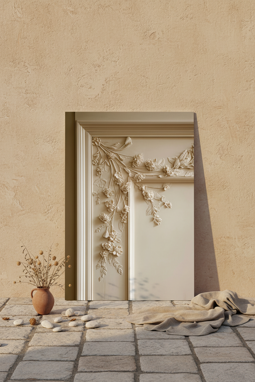 The Woodwork poster resting on the floor against a cream wall — molded panelling and ivory stucco bas-relief