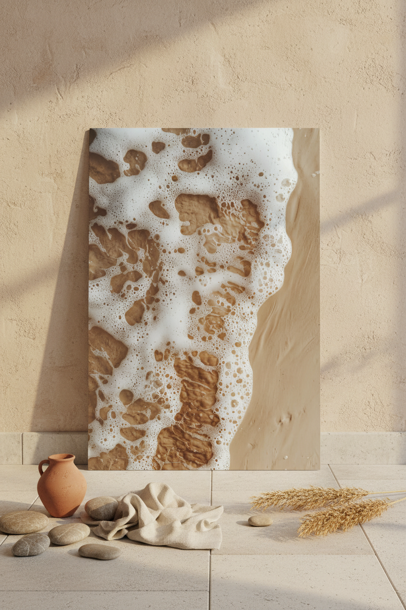 Affiche Le Sable et l'Écume posée au sol contre un mur crème — écume blanche lacée sur sable doré