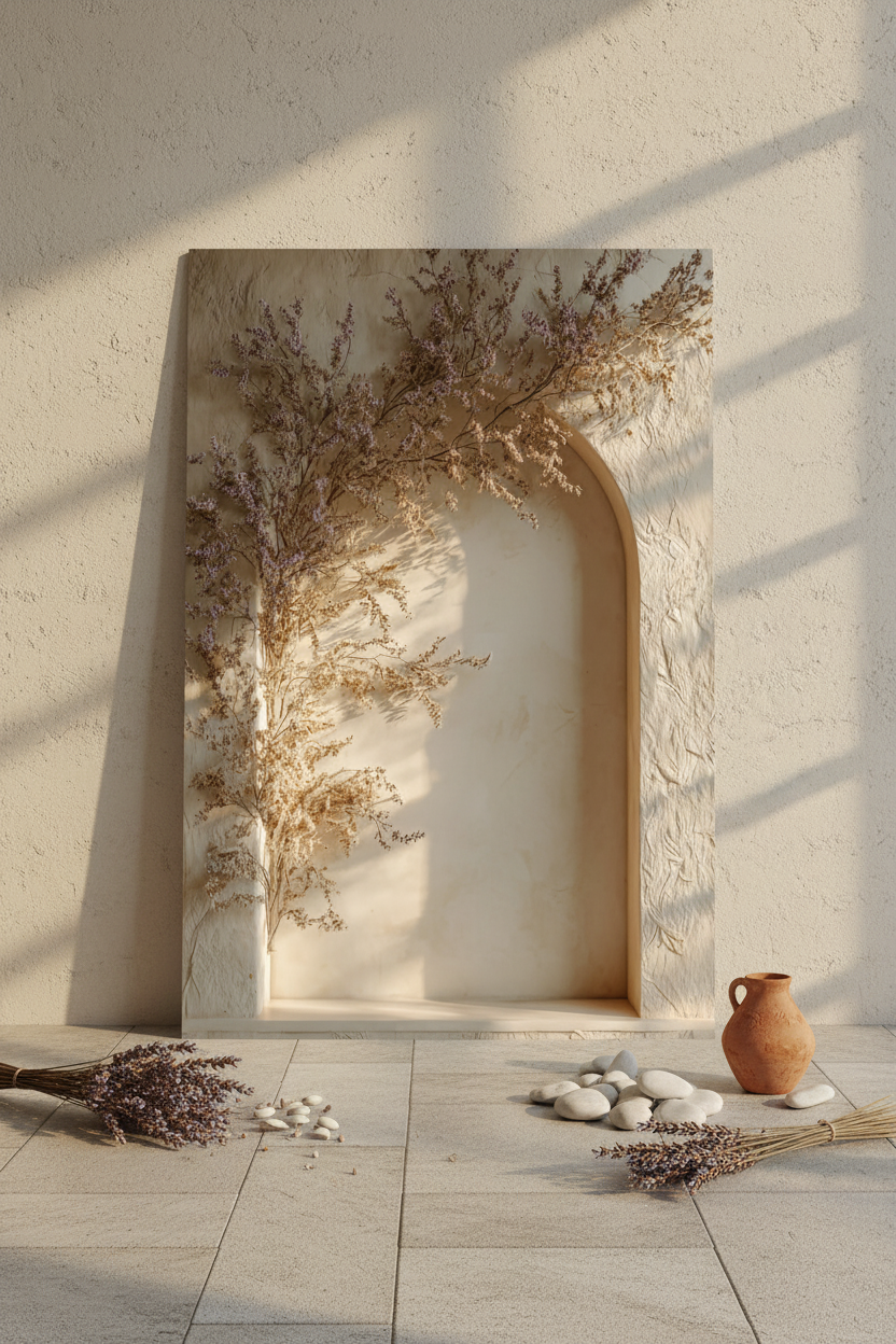 The Flowered Arch poster resting on the floor against a cream wall — dried branches and plaster arched niche