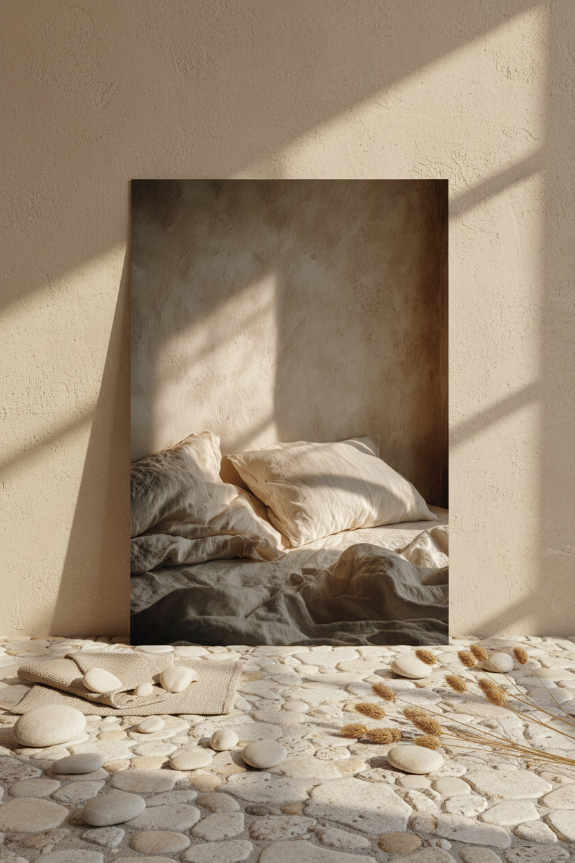 The Awakening Hour poster resting on the floor against a cream wall — unmade ivory linen bed and raking light