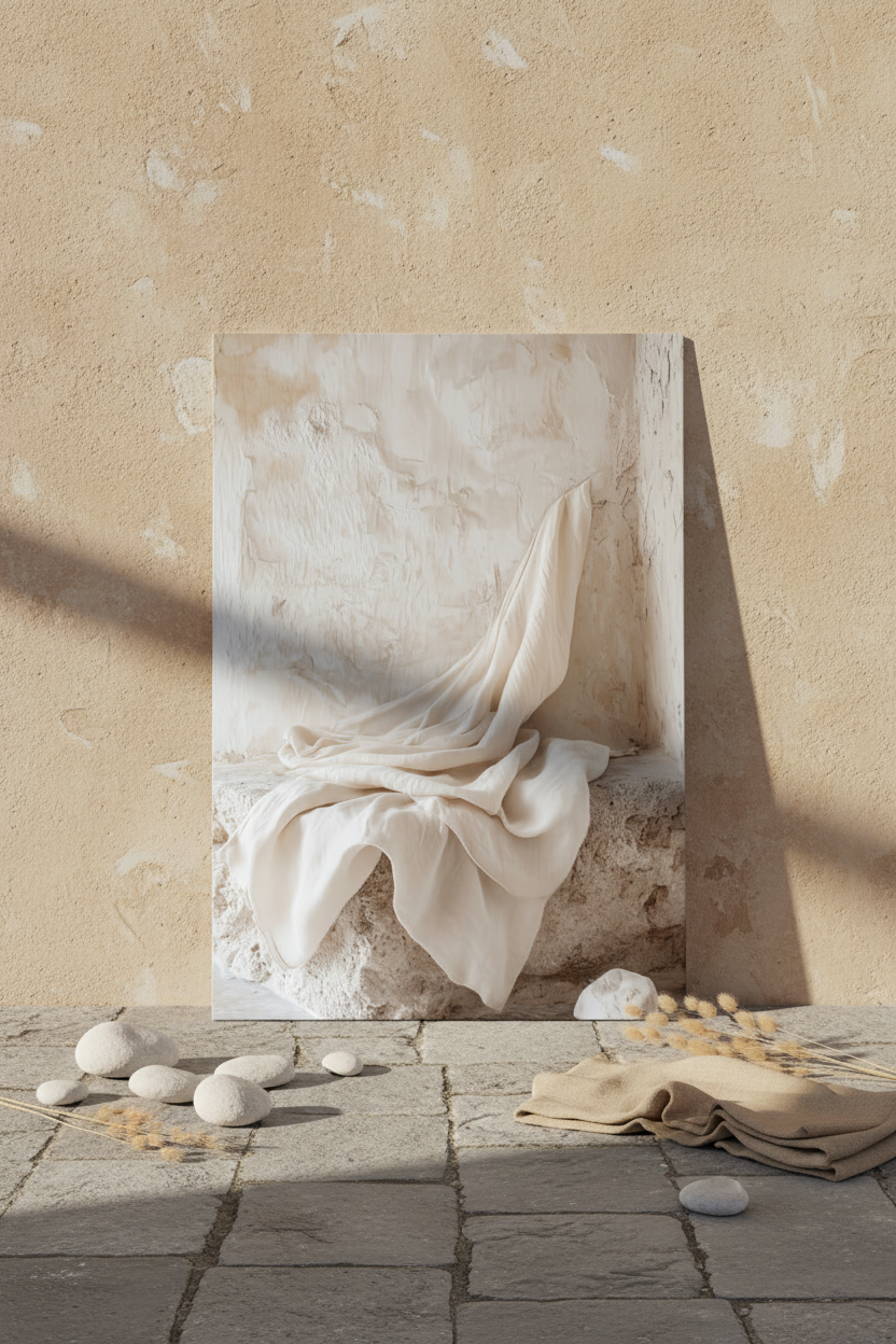 The Abandonment of Linen poster resting on the floor against a cream wall — ivory linen drapery on a stone bench