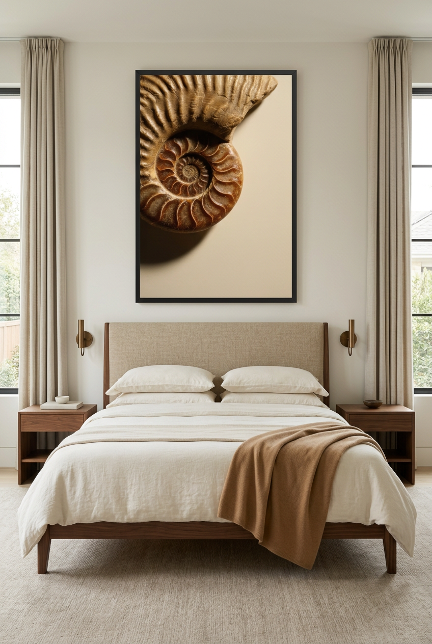 Ammonietspiraal — poster in zwarte lijst in een slaapkamer