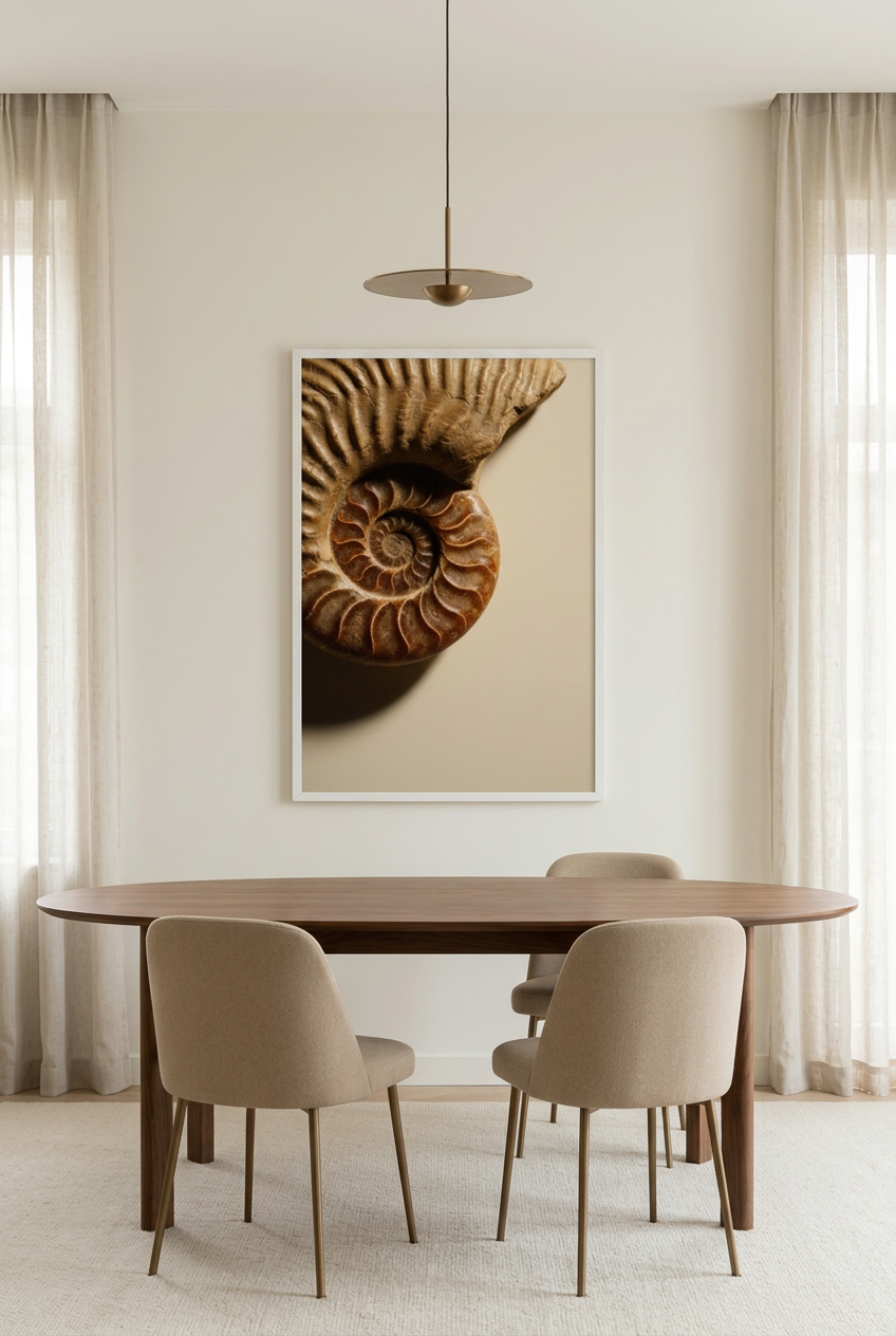 Ammonietspiraal — poster in witte lijst in een eetkamer