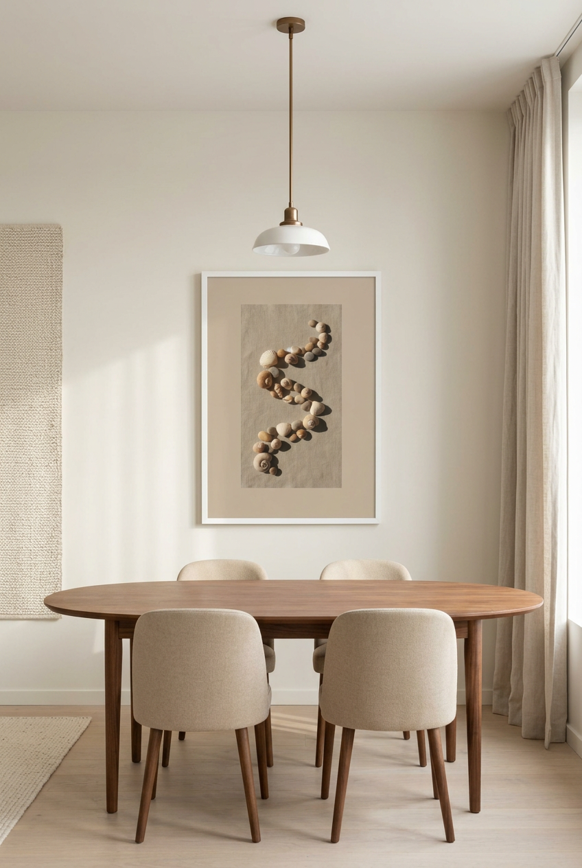 Seashell Spiral — poster in a white frame above a dining table