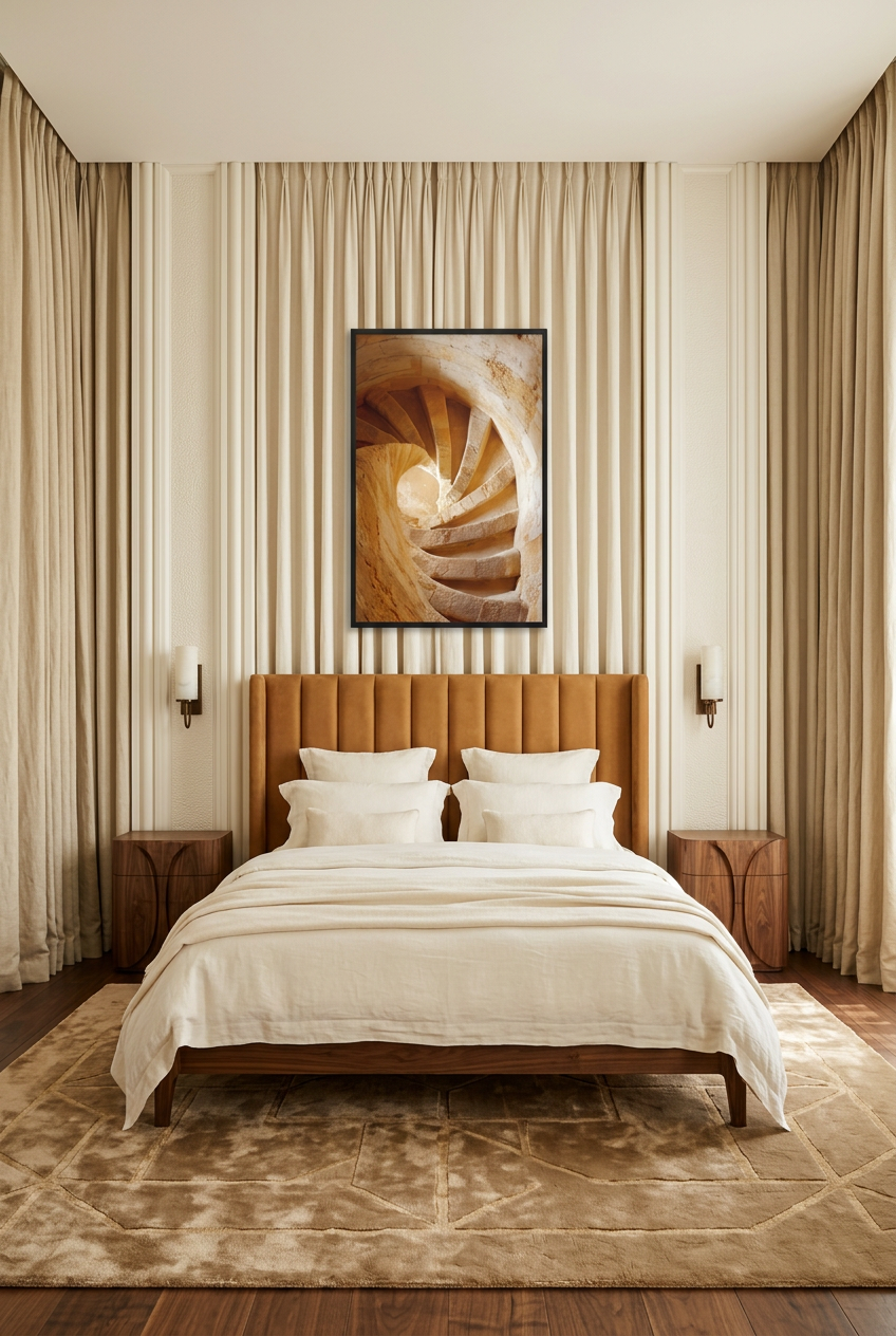 Espiral de Pedra — poster com moldura preta num quarto
