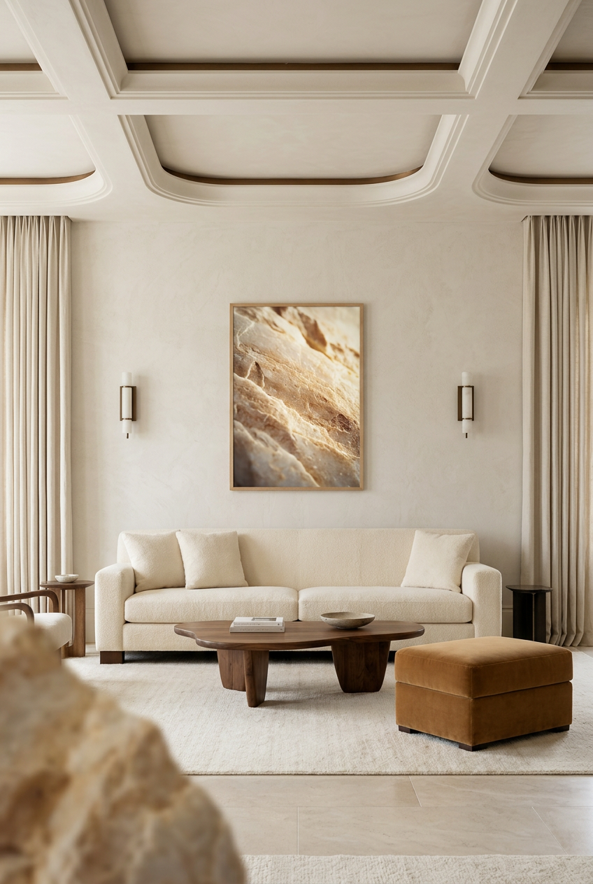 Golden Strata — poster in an oak frame in a living room