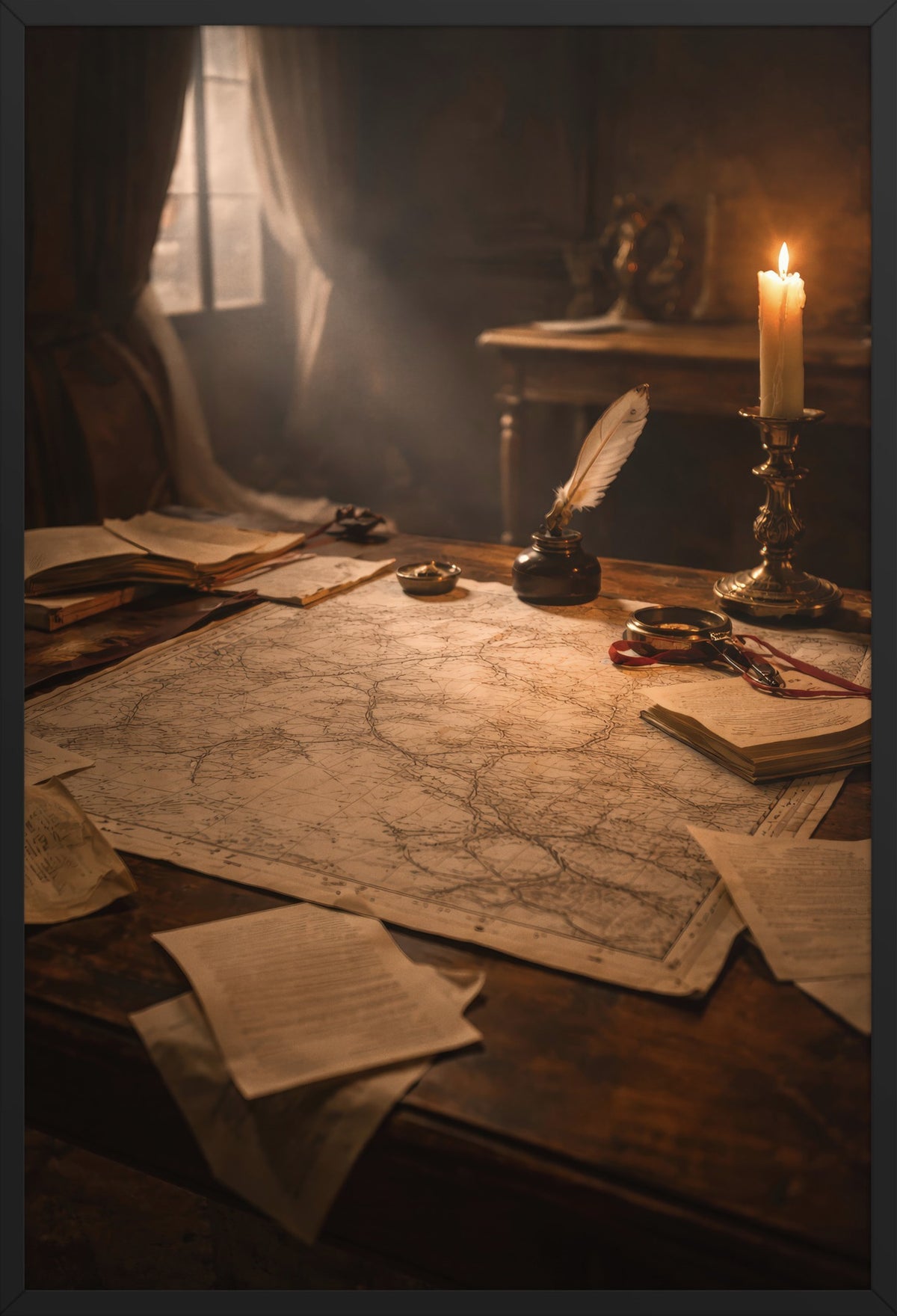 Cartographer's Table — poster in a black frame, front view