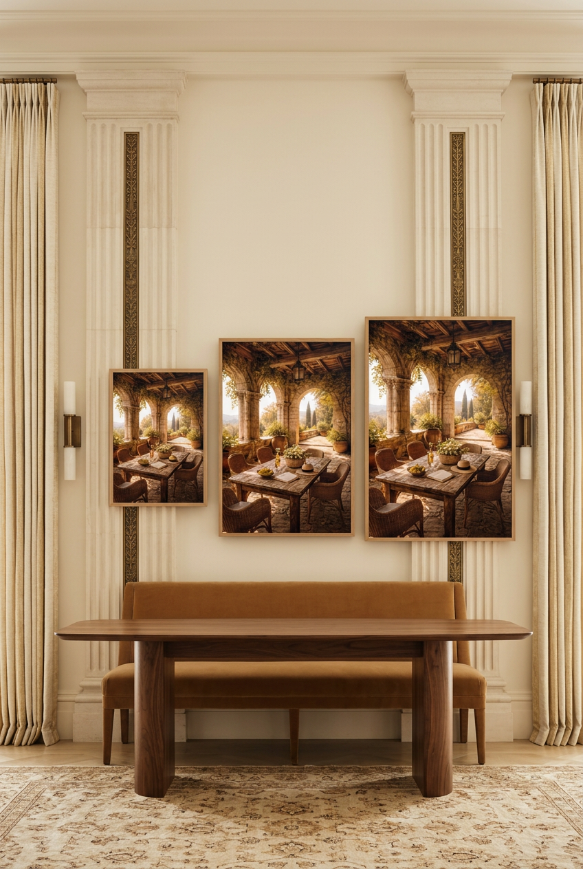 Provence Terrace — three sizes of the poster in oak frames