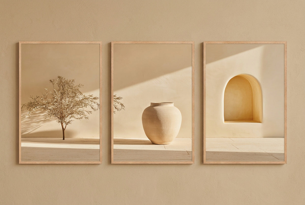 The Silent Courtyard — framed triptych, solid oak frames
