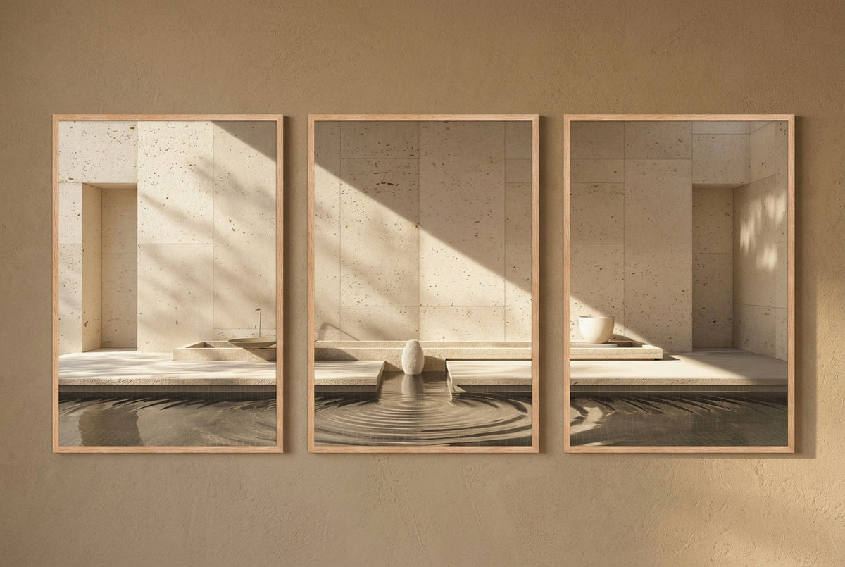 The Basin of Light — framed triptych, solid oak frames