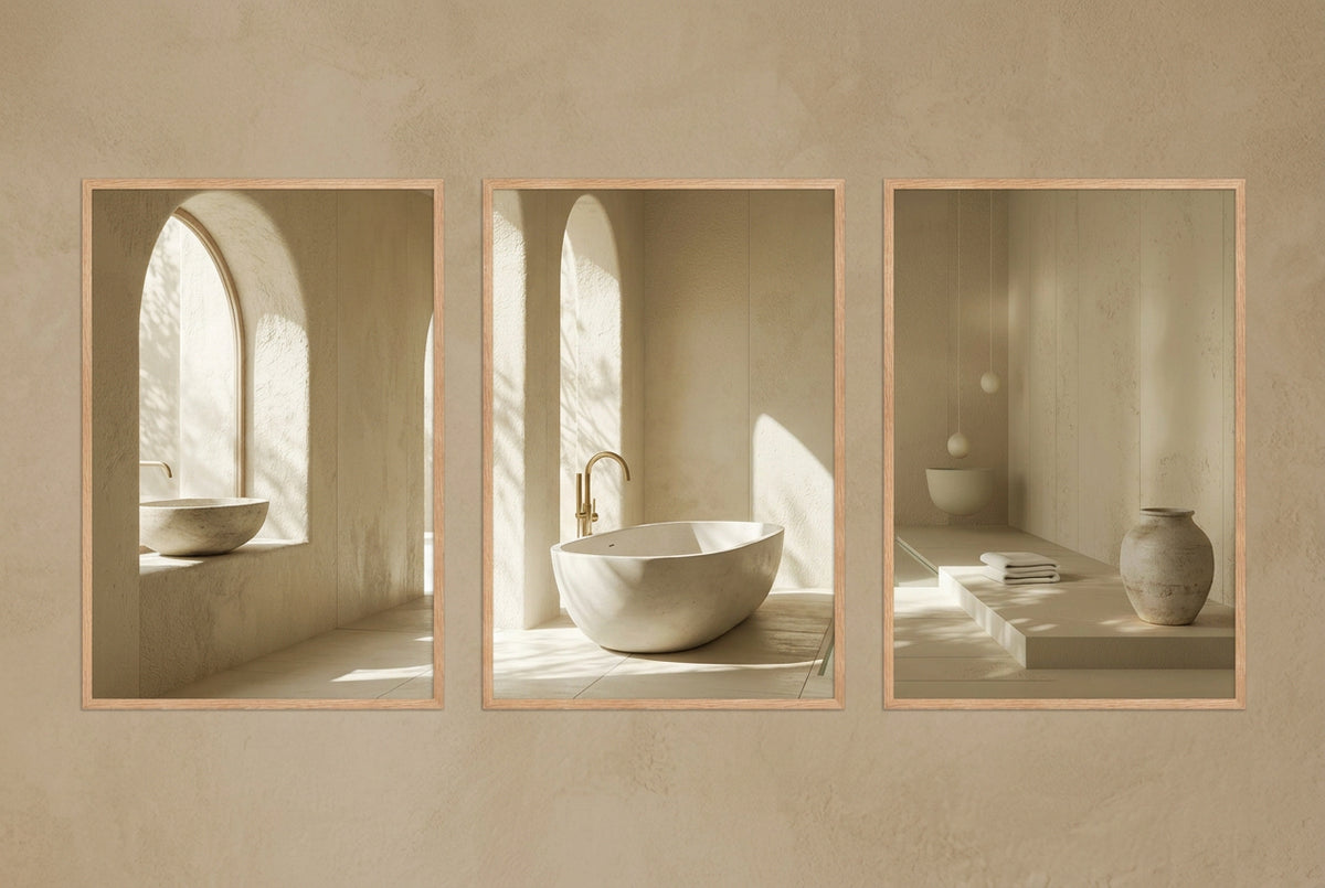 The Stone Baths — framed triptych, solid oak frames