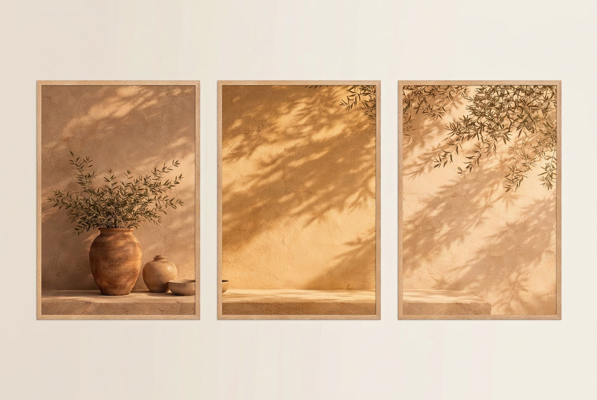 The Olive Hour — framed triptych, solid oak frames