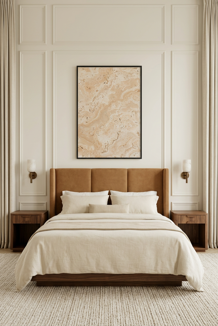Travertino Natural — poster com moldura preta num quarto
