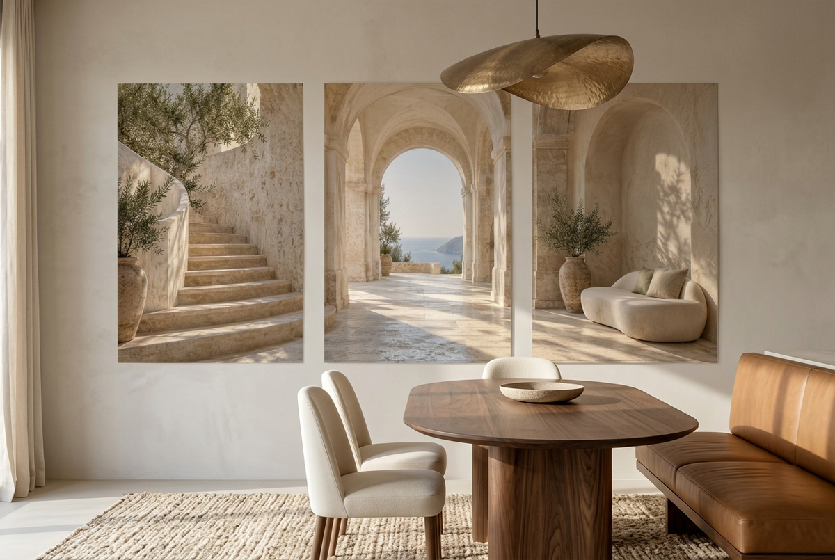 The Loggia — wall triptych, unframed posters, on the wall